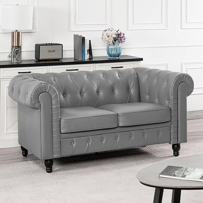 Naomi Home Chesterfield Sofa Set with Accent Chair Modern Leather Living Room Furniture with Tufted Design Perfect for Bedroom or Living Room Dcor Gray/PU/Loveseat