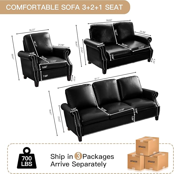 AVZEAR 3-Piece Sectional Sofa Set PU Leather SofaSmall Couch Set Mid Century Modern Couches with Classic Tufted Button Comfy 1+2+3 Seater Couch for Living Room Black