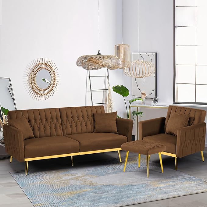 2 Pieces Velvet Sofa Set with Adjustable Armrest and Backrest 70” Convertible Futon Sofa Bed &amp Mordern Accent Chair with Ottoman for Living Room Bedroom Brown