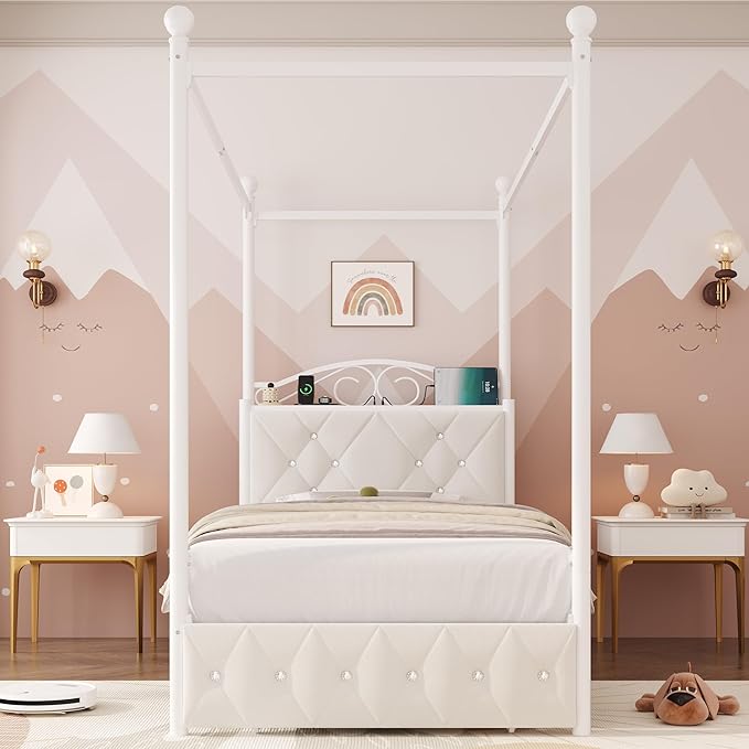 Keyluv Twin Upholstered Canopy Bed Frame with Drawer &amp Crystal Tufted Storage Headboard Metal Platform Bed with Charging Station &amp 4 Removable Posts No Box Spring Needed Curtain Not Included