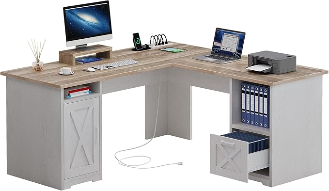 YITAHOME L Shaped Desk with Power Outlets 60 Inch Computer Desk Corner Desk with File Drawer Home Office Desk with Monitor Stand &amp Storage Shelves L-Shaped Desk with File Cabinet Grey Wash