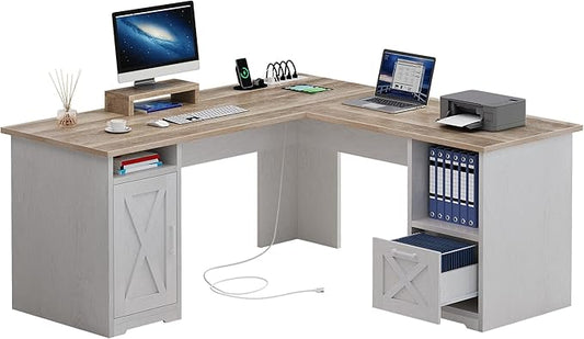 YITAHOME L Shaped Desk with Power Outlets 60 Inch Computer Desk Corner Desk with File Drawer Home Office Desk with Monitor Stand &amp Storage Shelves L-Shaped Desk with File Cabinet Grey Wash