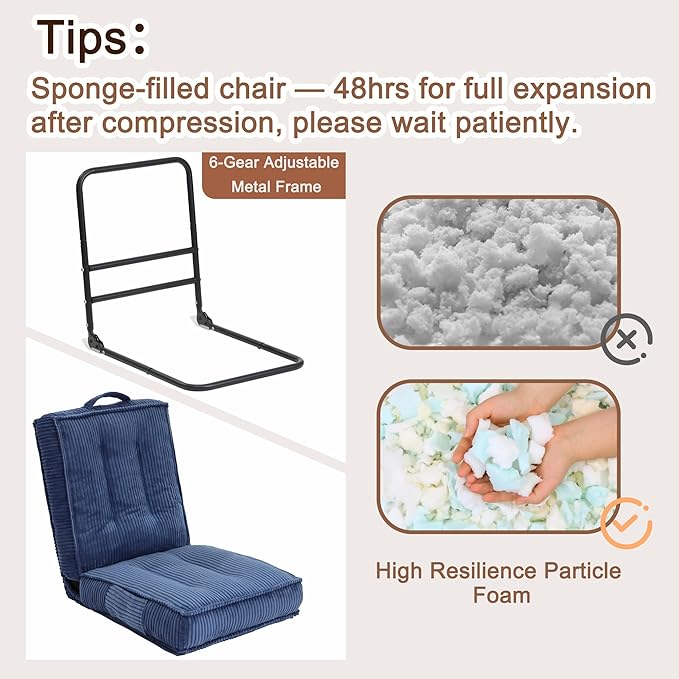 Adjustable Floor Chair with Back Support 6-Position Folding Meditation Chair Floor Sofa Chairs for Adults Comfy Accent Chairs for Reading Gaming Living Room Bedroom Navy Blue