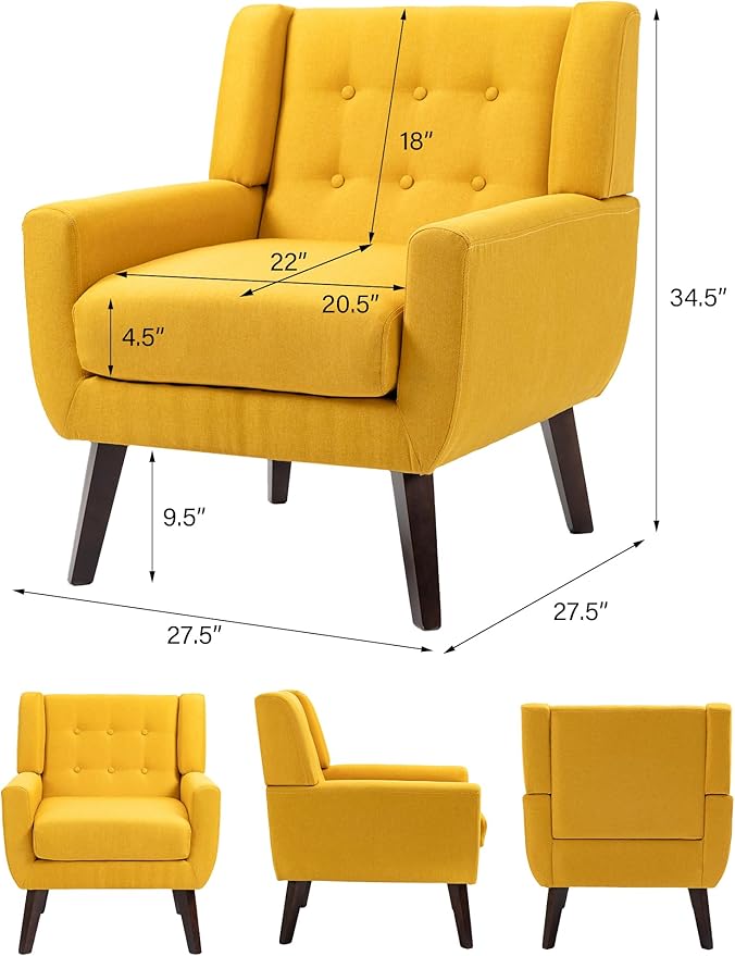 Accent Chair Mid-Century Modern Fabric Chairs with Arms for Living Room Comfy Upholstered Club Single Sofa Armchair for Bedroom Waiting Room with Solid Wood Frame (Fabric Yellow Set of 2)