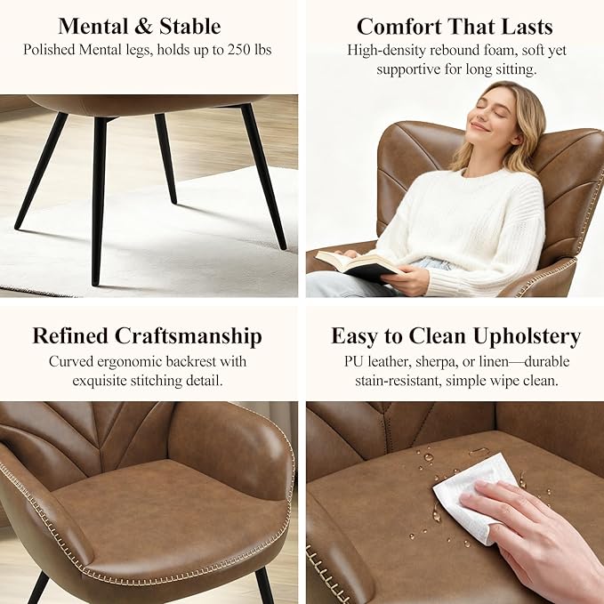 Modern Mid-Century Faux Leather Accent Chair Upholstered Armchair with Curved Backrest Sturdy Metal Base Living Room Bedroom &amp Reading NookBrown