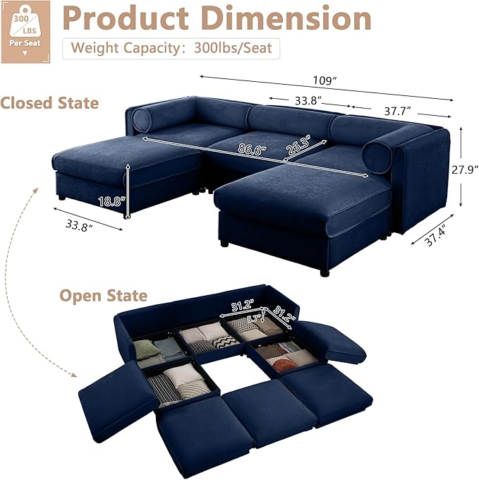 Oversized Modular Sectional Sofa 109 Chenille U-Shaped Sofa with Cylindrical Backrest &amp Armrest Modern Comfy 3-Seat Sofa with 2 Ottoman Upholstered Deep Seat Couch for Living Room Blue