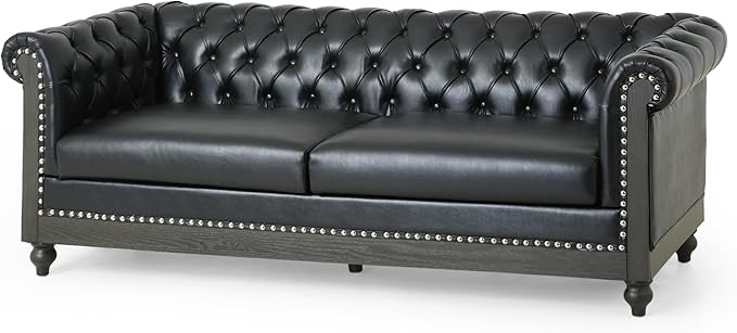 78.75''Chesterfield Sofa Couch Mid Century Modern Tufted Sofa with Rolled Arms and Nailhead 3-Seat PU Upholstered Couches with Solid Wood Legs for Living Room Office Black