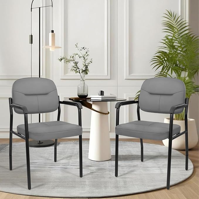 CLATINA Leather Guest Chair No Wheels Office Reception Chair with Armrests and Lumber Support Ergonomic Desk Armchair for Meeting Waiting Conference Lobby Room Shool Grey 1PK