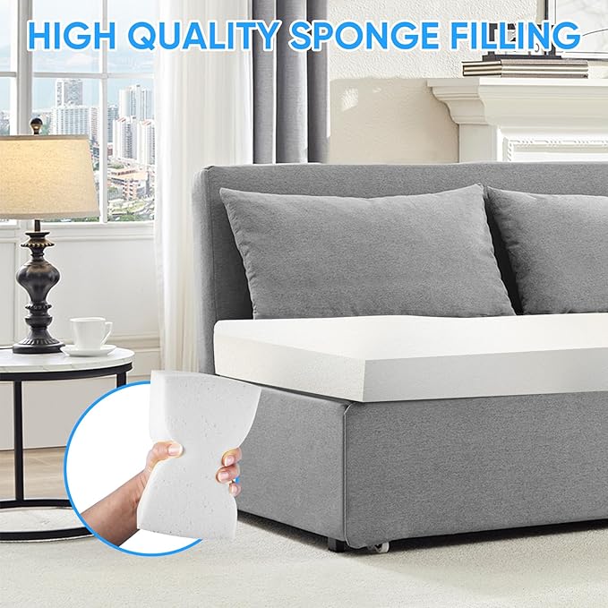 PUREMIND Queen Size Pull Out Sleeper Sofa Bed Linen Convertible Sofa Bed with Foldable Mattress Loveseat Couch Pull Out Bed with 2 Cushions for Small Place Apartment Office Light Grey