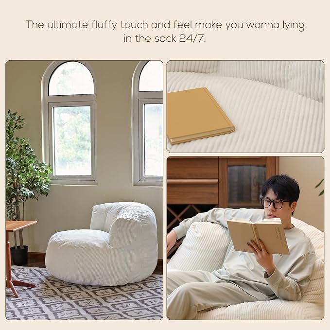 N&ampV Large Crescent Bean Bag Chair Adult Size Bean Bag Sack Foam Filling Soft Premium Corduroy Bean Bag for Living Room Bedroom Dorm and Office (Brown Sugar)
