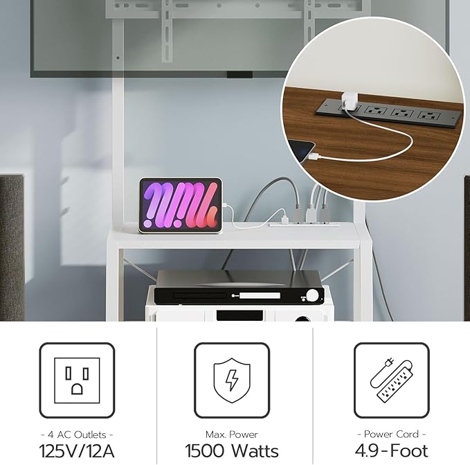 HOOBRO Rolling TV Stand with Mount and Power Outlet Up to 55 inch TV Corner Entertainment Center Small TV Stand with 3-Tier Storage Shelves for Living Room Bedroom White WW66UDS01