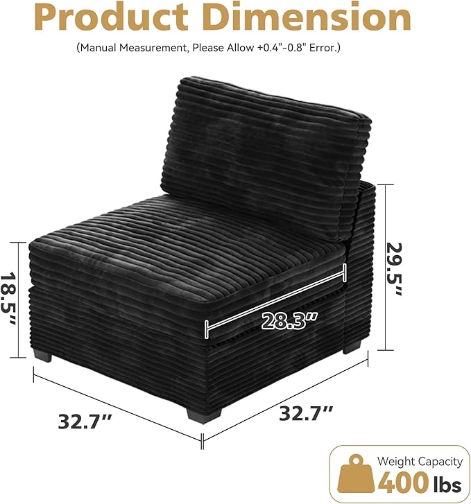 Modular Sectional Couch Mix and Match Pieces for Living Room Comfy Cloud Couches with Movable Ottoman DIY Combination Plush Corduroy Black