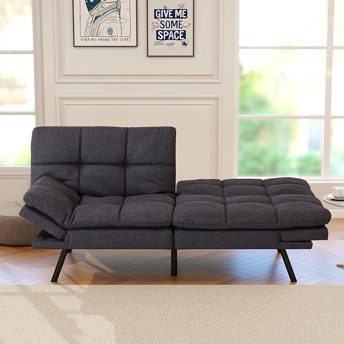 Opoiar Futon Sofa Bed Modern Memory Foam Sleeper Sofa Convertible Grey Couch Adjustable Armrest&ampBackrest Leather Futon for Living SpaceApartmentOffice Sofabed