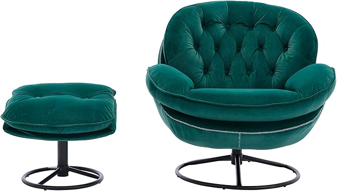 Accent Chair with Ottoman Modern Velvet Lounge Chair with Ottoman Set with Metal Legs Swivel Leisure Chair for Club Home Office TV Living Room (Green//Accent Chair)