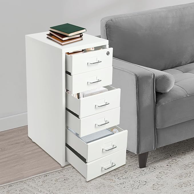 6-Drawer File Cabinet with Lock and Wheels Home Office Filing Storage Organizer for A4 Letter-Size Documents White 11x16x27 Inches