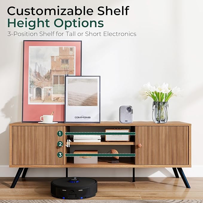 COMHOMA TV Stand for Living Room Mid Century Modern Entertainment Center for 55/60/65 Inch TVs Retro Brown TV Console with Fluted Door Cabinets and Open Adjustable Shelve Storage for Bedroom