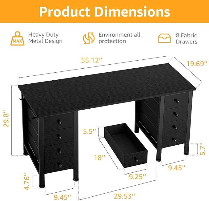 DLisiting Black Gaming Desk with Fabric Drawers on Both Sides 55 Inch Home Office Computer Study Writing Work PC Desk with 8 Storage Drawers Storage for Bedroom