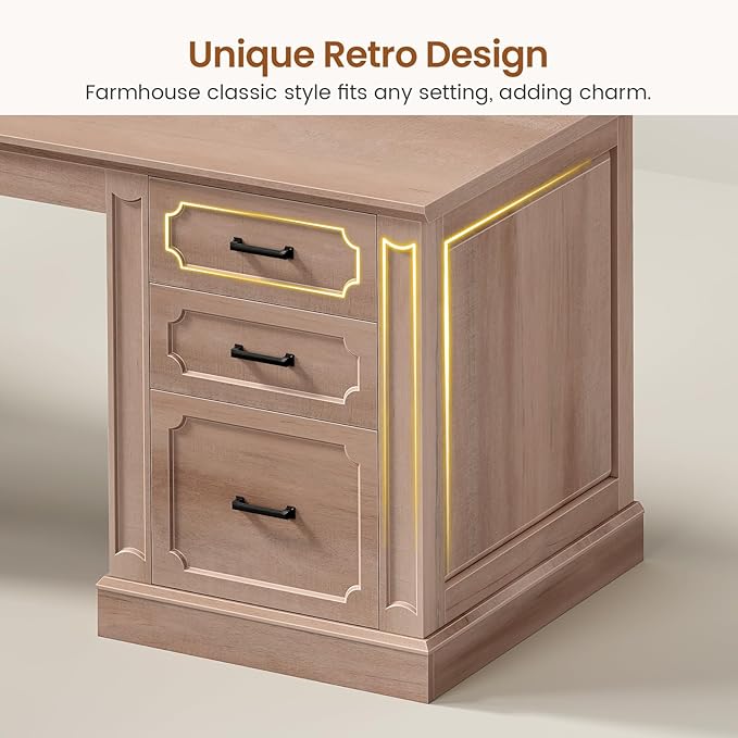SEDETA Farmhouse 110.3 Two Person Desk with 7 Drawers Long Computer Desk with Storage Cabinet 2 Person Desk with Power Outlets for Home Office Natural Oak