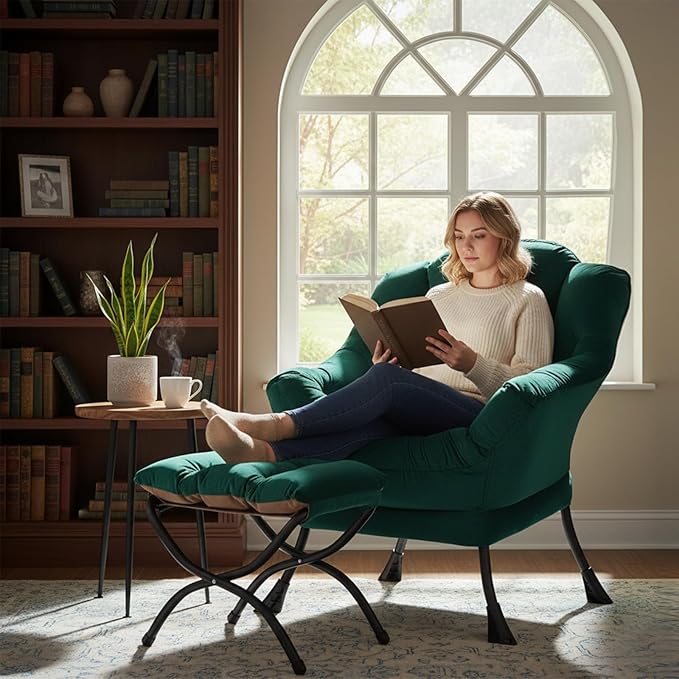 Welnow Lazy Chair with Ottoman Modern Accent Chair with Armrests and a Side Pocket Leisure Sofa Armchair Reading Armchair with Footrest for Small Space Dark Green