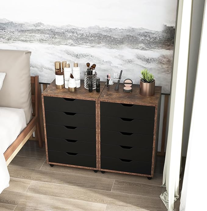 5 Drawers File Cabinet Vertical Filing for Home Office Mobile Under Desk Storage With Wheels Modern Chest of Drawers for Bedroom (Rustic Brown)