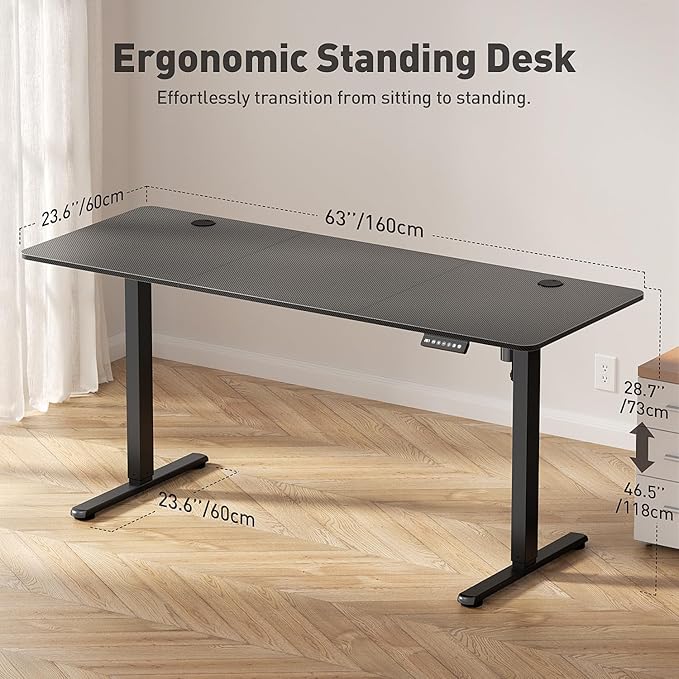 Electric Standing Desk Adjustable Height 63 x 24 Inch Large Sit Stand Desk Stand up Desk for Home Office Computer Workstation (Spliced DesktopCarbon Fiber Black)