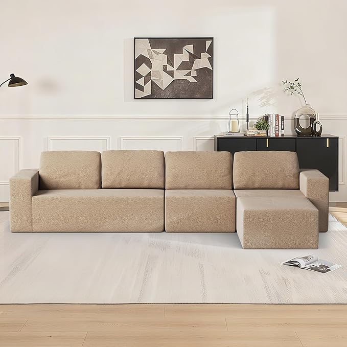 136 Modular Sectional Couch Left/Right Facing Convertible L-Shape Modern Teddy Sofa Deep Seat Upholstered Foam Couch for Living Room Bedroom No Assembly Required (Camel Teddy Boucle)