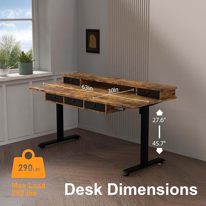 Ywin Electric Standing Desk with 5 Drawers 63x30 Inch Extra Wide Height Adjustable Sit Stand Up Desk with Storage Support 290lbs Ergonomic Rising Table with Wheels for Home Office