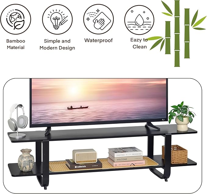 Bamboo TV Stand for TVs up to 65 Accent Entertainment Center with Storage Media Console Table with Shelf Modern TV Stand for Living Room Bedroom 54.3(L) Black