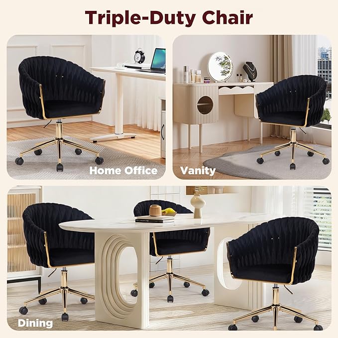 Velvet Office Chair with Hand Woven Black Vanity Chairs with Golden Wheels 360° Swivel Home Office Desk Chair Computer Chairs Accent Chair Makeup Chair for Bedroom Living Room(Black)