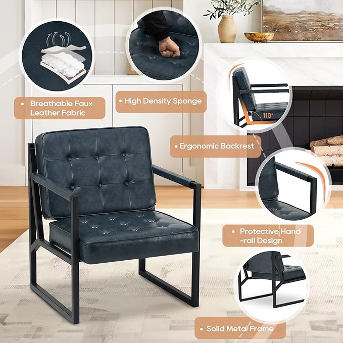 COLAMY Accent Chairs Set of 2 Modern Accent Arm Chairs for Living Room Comfy Leather Armchairs with Metal Legs for Bedroom Reception Room Blue