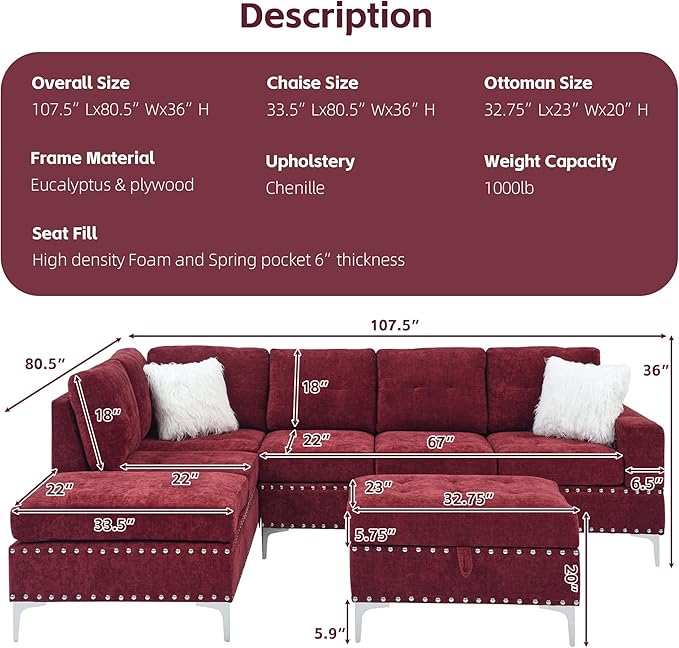 Living Room Furniture Sets L-Shape Sectional 5-Seater Sofa with Extra Wide Reversible Chaise Storage Ottoman and Cup Holders and Copper Nails 2 Pillows Claret