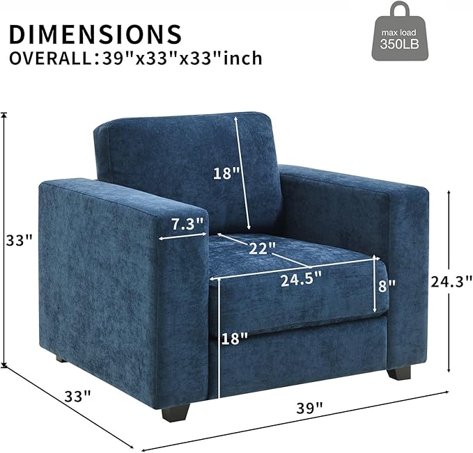 39 Oversized Accent Chair Chenille Fabric Upholstered Armchair Comfy with 350lb Weight Capacity &amp 7-inch Thick Seat – The Perfect Reading Chair for Living Room Bedroom Office (A-Blue)