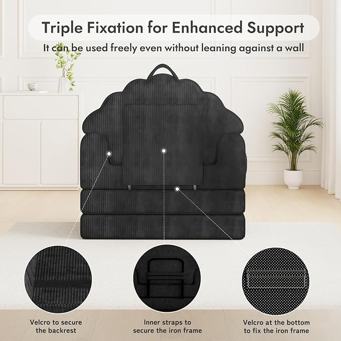 2-in-1 Folding Sofa Bed with Back Support 75 D x 34 W Convertible Futon Sleeper Chair for Adult Fold Out Bean Bag Floor Foam Lounger Couch for Living Room Bedroom Small Space Black