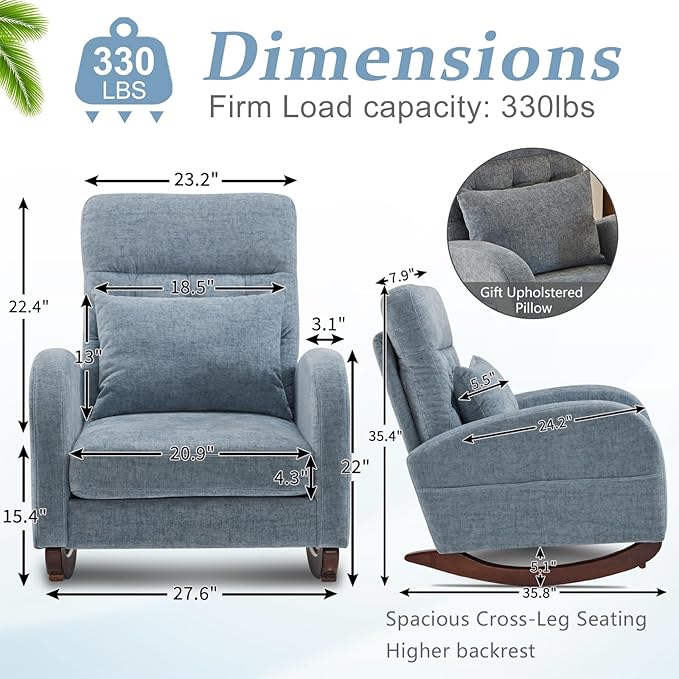 VINGLI Chenille Low Seat Nursery Rocking ChairUpholstered Comfy Rocker Glider Chair with Side Pockets Accent Arm Chair with High BackrestSolid Wood Base for Living Room Bedroom BalconyBlue