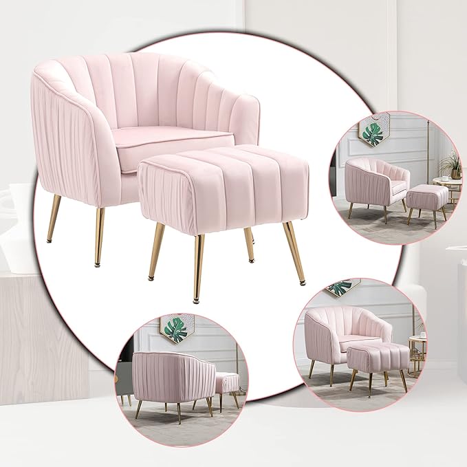 Velvet Accent Sofa Chair with Ottoman Comfy Living Room Chairs with Adjustable Legs Modern Upholstered Tufted Lounge Barrel Chair Ottoman Set for Bedroom Home Office (Pink)