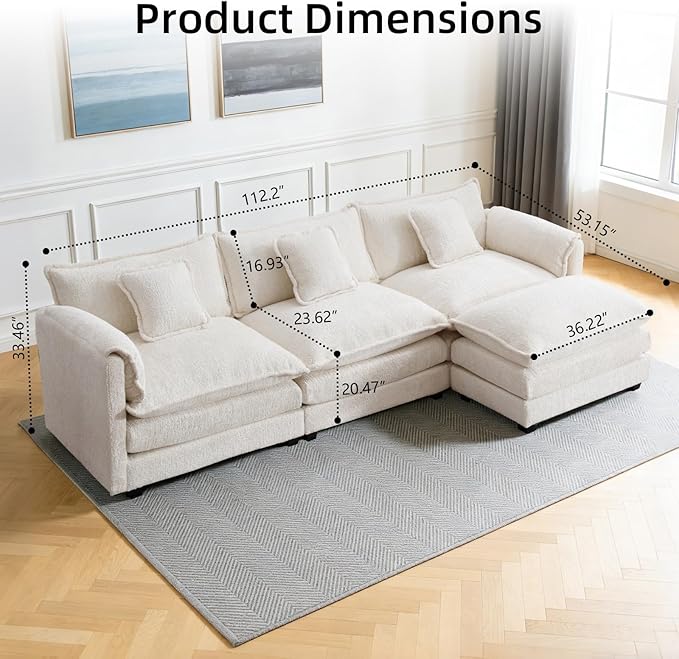 GNIXUU 112 L Shaped Sectional Sofa Cloud Couch for Living Room Oversized Modular Sectional Sofa with Movable Ottoman 4 Seat Chenille Deep Seat Sofa Set with Double Cushion &amp Pillows Beige
