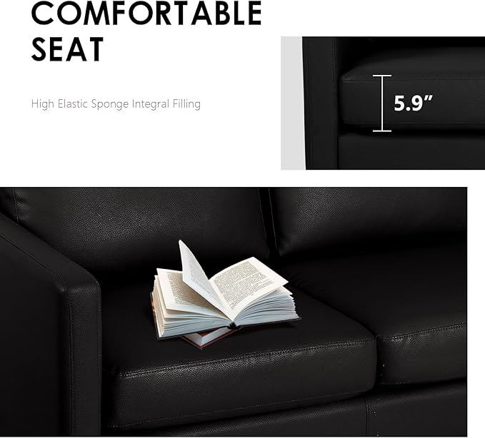 MAGIC UNION Faux Leather Convertible Sectional Couch Sofa L-Shape Sectional Sofa with Chaise Reversible 3-Seat Modern Linen Fabric Small Couches for Living RoomApartmentSmall SpaceOffice (PU Black)