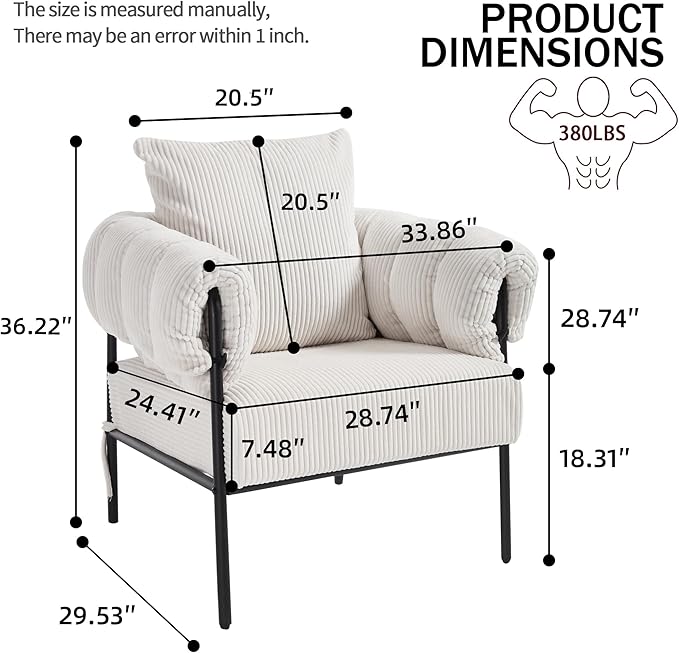 Modern Velvet Accent Chairs Set of 1 Comfy Large Living Room Sofa Chair Upholstered Fabric Armchair with Pillow and Metal Legs for Office/Bedroom/Reading Beige