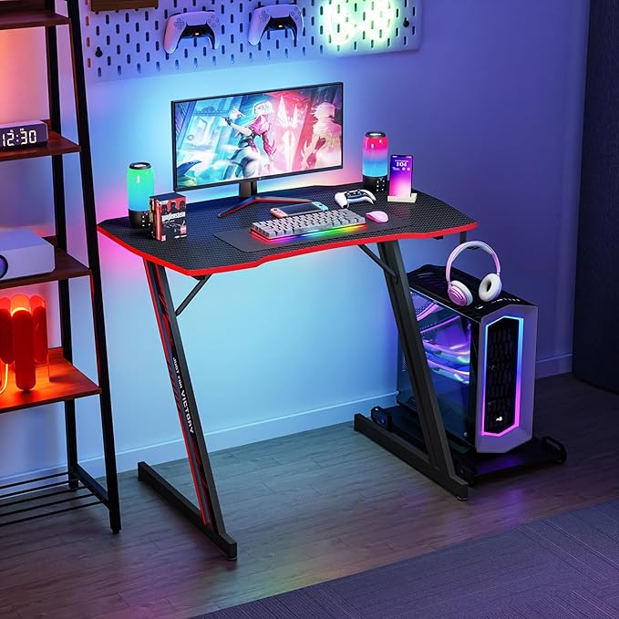 PayLessHere | 35 Gaming Table | Red | Z-Shaped Computer Desk with Steel Frame Headphone Hook Adjustable Feet | Carbon Fiber Texture Surface Sweat &amp Waterproof | for Gaming Home Office