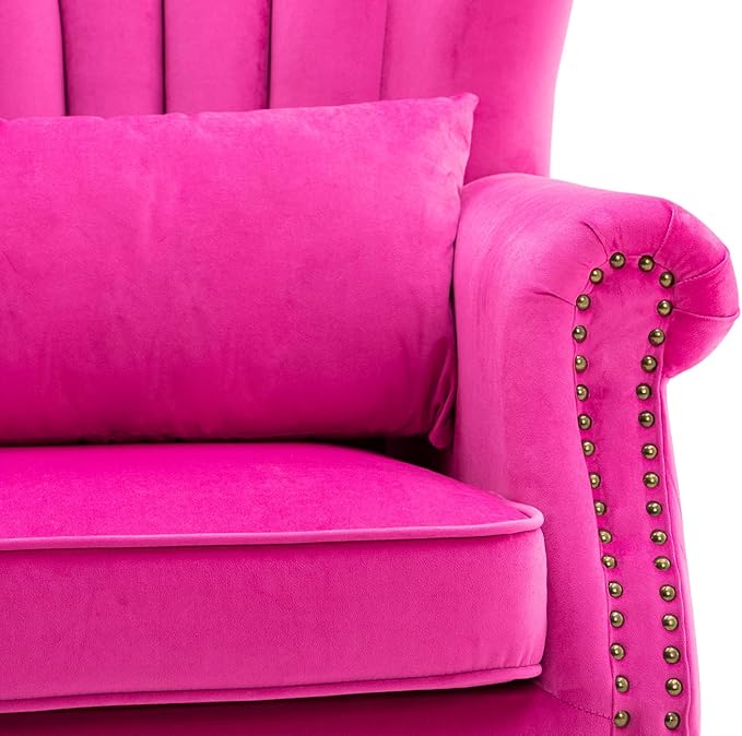Kmax Rose Accent Chair Velvet Wingback Chair with Pillow Nail-Head Channel Tufted Oversized Club Chair for Living Room Bedroom Guest Room