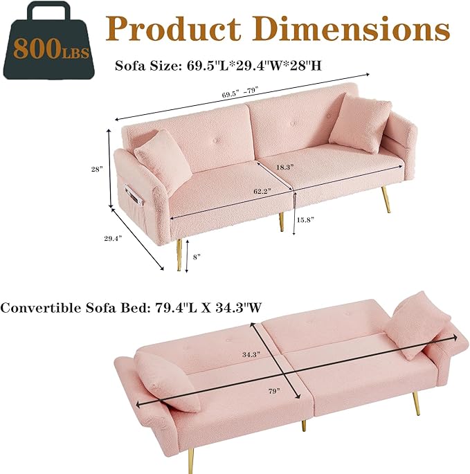 Pink Modern Teddy Velvet Convertible Folding Futon Couch Sofa Bed Adjustable Pillow Top Arm Memory Foam Couch Double Love Seat Sofa for Compact Space Dorm Apartment Bedroom Loveseat (Pink)
