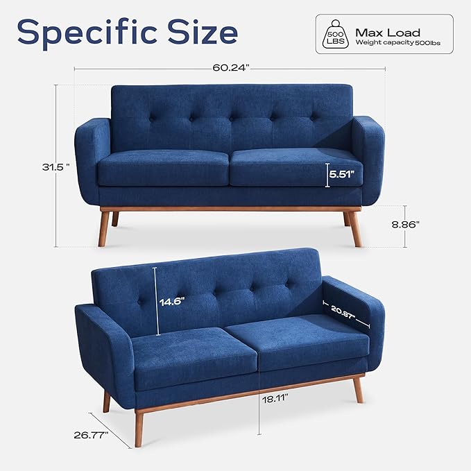 HUIMO Sofa Couch Mid Century Modern Sofa with Solid Wood Frame Button Tufted Couch for Bedroom Living Room Office Apartment (Dark Blue 60 inch)