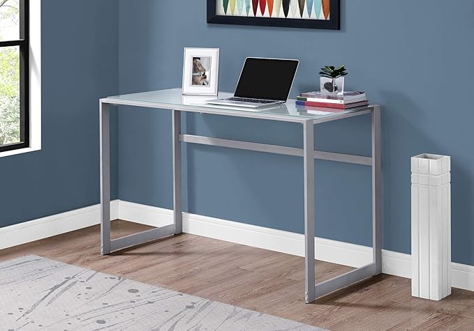 Monarch Specialties Study Laptop Table for Home &amp Office-Tempered Glass Top Computer Desk-Metal Legs 48 L Silver