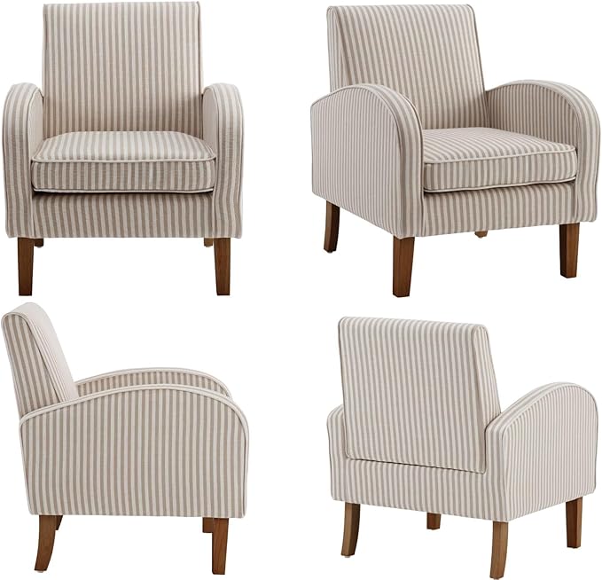 VESCASA Upholstered Accent Chair with Wood Legs Linen Comfy Single Sofa with Curve Arms Modern Side Club Leisure Chair for Reading/Living Room/Bedroom Khaki Stripe