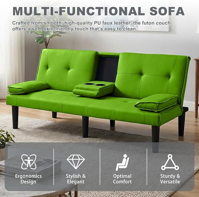 Futon Sofa Bed PU Leather Modern Convertible Futon Couch with Removable Armrests Cup Holders Loveseat Sleeper Sofa Bed for Living Room Apartment Small Spaces (Green)