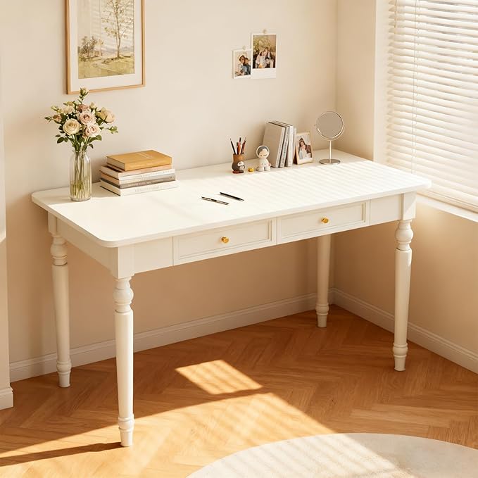 48in Rubber Wood Desk with Two Drawers French Home Office Writing Tables with Storage Multi-Functional Wood Vanity Study Desk for Bedroom Living-Room White