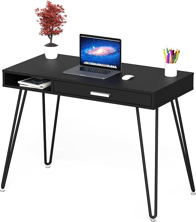 SHW Home Office Computer Hairpin Leg Desk with Drawer Black