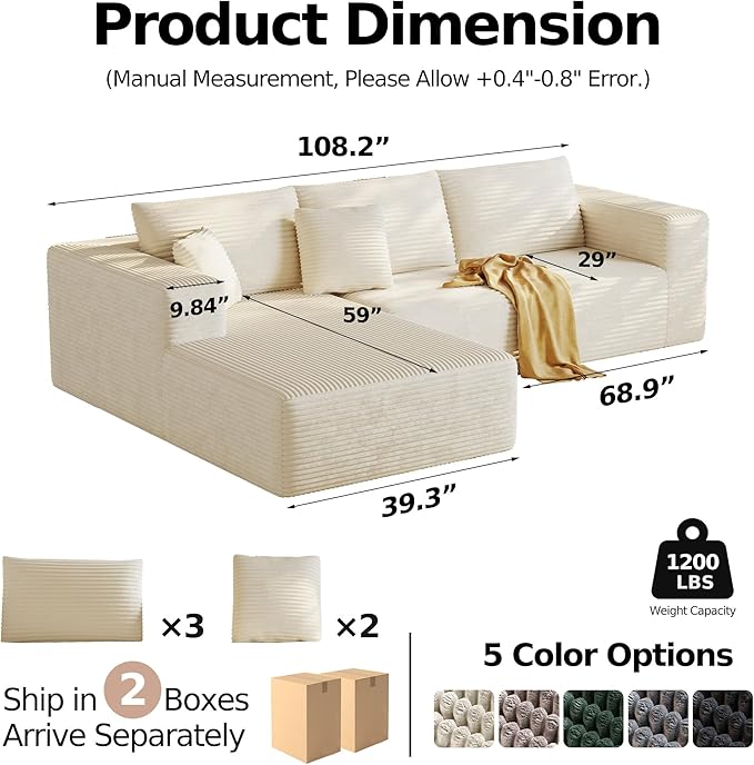 108'' Sectional Boneless Couches for Living RoomCloud Sectional Couch with L-Shape ChaiseModern Corduroy Modular Sofa with Deep SeatNo Assembly Required(Left Facing ChaiseBeige)