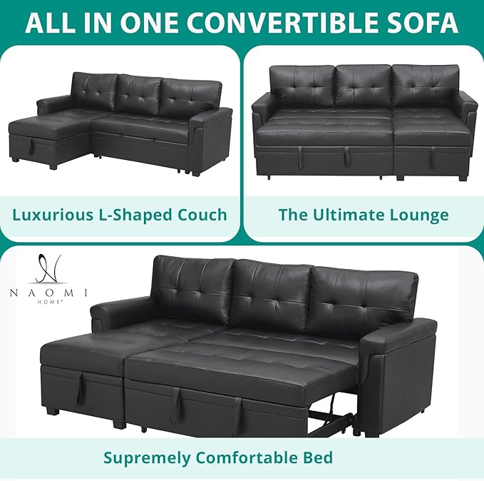 Naomi Home L-Shaped Reversible Sectional Sofa with Pull-Out Sleeper Bed and Storage Chaise Black Air Leather