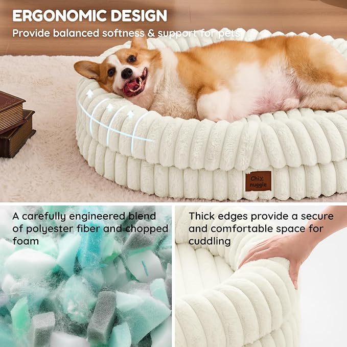 Dog Bed Large Sized Dog - Luxury Striped Faux Fur Waterproof Pet Couch with Removable Washable Cover Orthopedic Pet Bed with Bolster Sides for Sleeping Cream